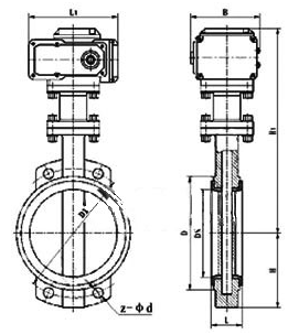 D971F<strong><strong>电动对夹式衬氟蝶阀</strong></strong>PN6～PN16外形尺寸图