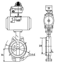 D671F<strong><strong><strong><strong>气动软密封对夹式蝶阀</strong></strong></strong></strong>PN6～PN16外形尺寸图