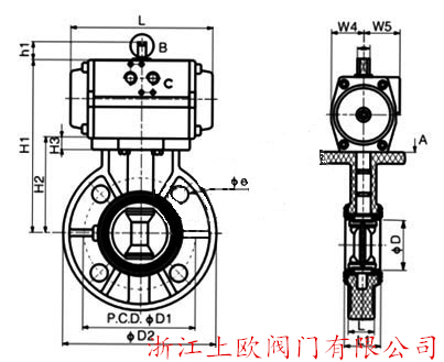 D671F气动塑料蝶阀PN10～PN16外形结构尺寸图