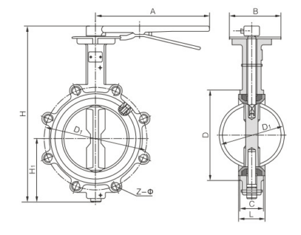 D7L1X<strong><strong><strong><strong><strong><strong>手柄对夹式单夹式软密封蝶阀</strong></strong></strong></strong></strong></strong>主要外形尺寸图