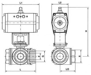 Q611F型<strong><strong><strong>气动三通内螺纹不锈钢球阀</strong></strong></strong>外形尺寸图