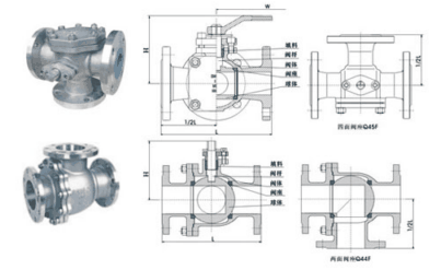 Q45F不锈钢T型三通球阀主要外形尺寸图