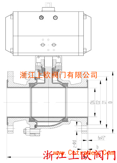 Q641F型气动法兰两片式球阀PN16～PN25外形尺寸图